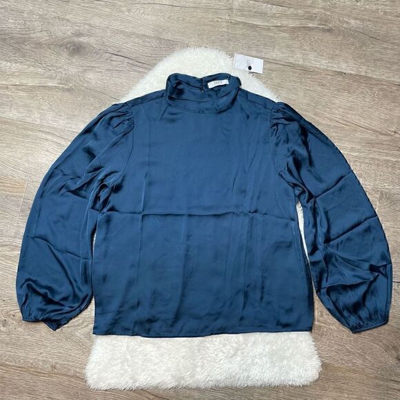 Suzy Shier Satin Top Blouse Long Balloon Sleeve Blue Womens Size Large NEW w Tag - Picture 4 of 12